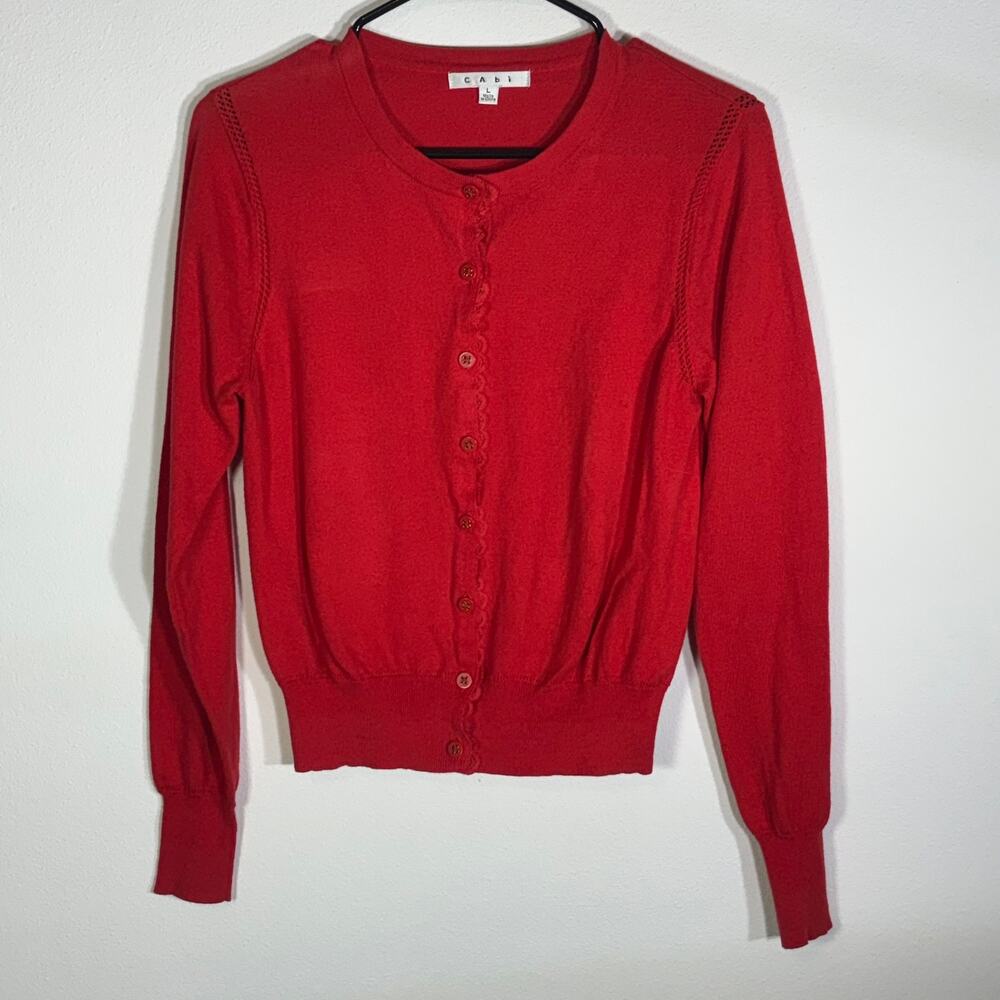 Cabi Red Cardigan Sweater Womens L Button Front Crochet Trim Long Sleeve